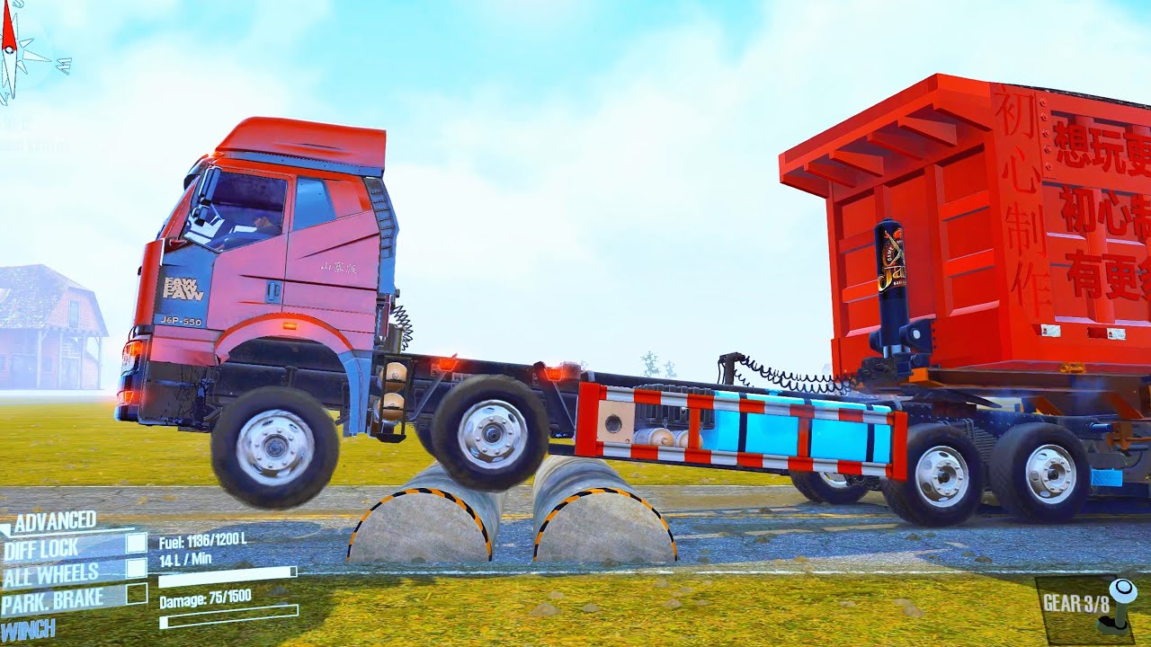 Spintires Mudrunner Truck против экстремальной разбитой дороги с лежачими полицейскими. Геймплей....