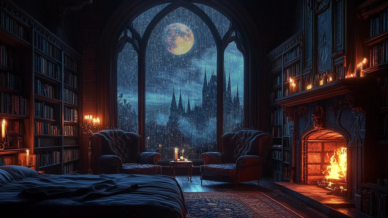 🌌 Tranquil Rain Outside a Dark Fantasy Bedroom | Window Drops & Warm Glow | Calm & Sleep