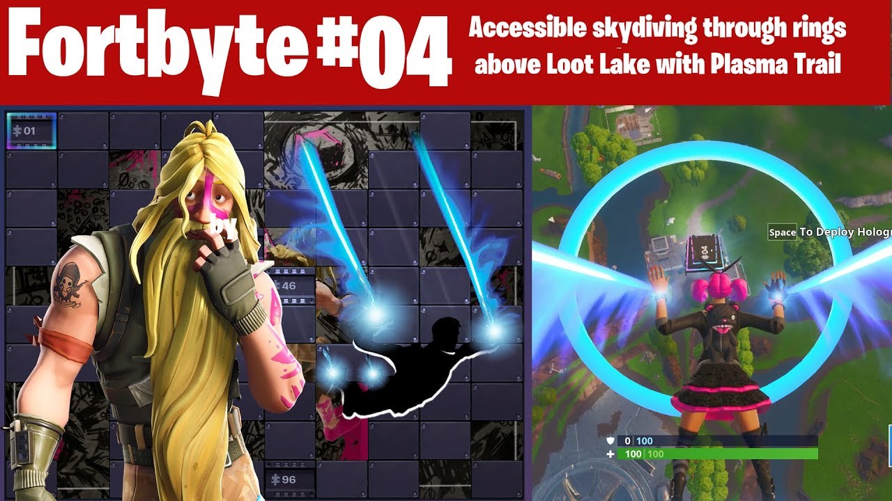 Fortnite Fortbyte #04 Accessible skydiving through rings above Loot Lake with Plasma Trail Contrails
