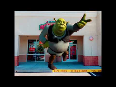 Shrek Doing The Default Fortnite Dance In Front Of Papa Johns