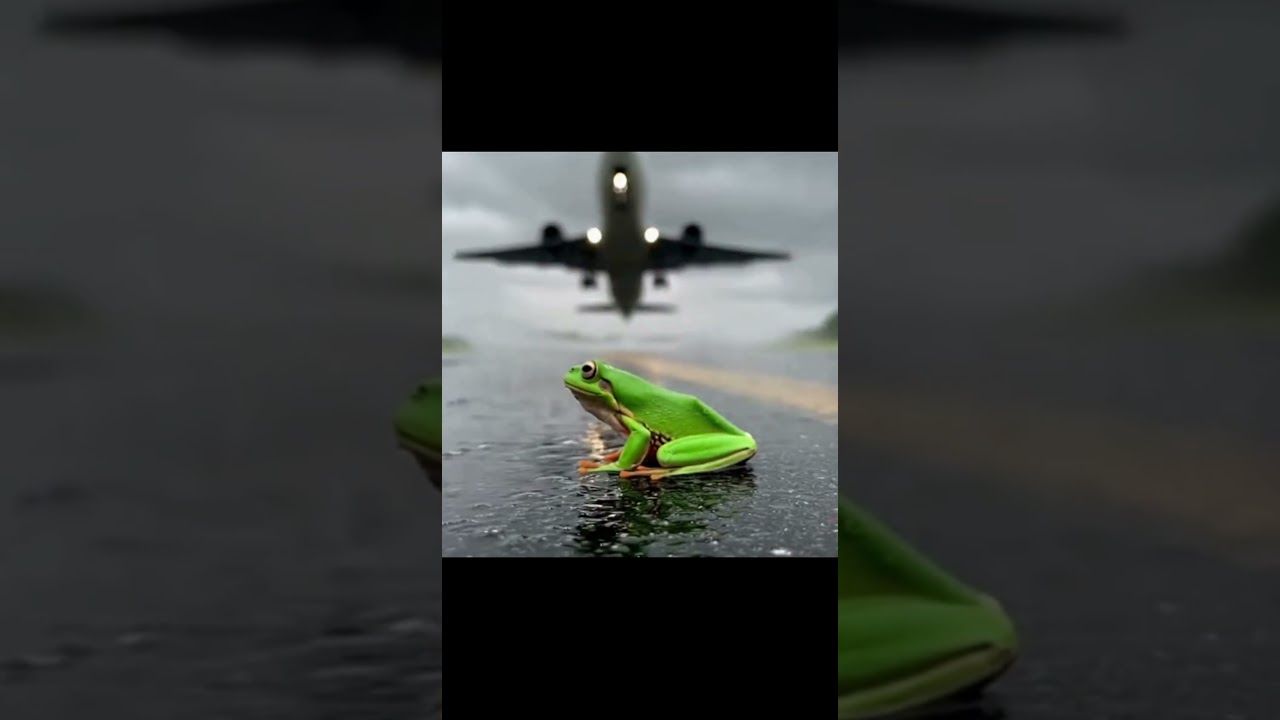 A Passenger Jet Takes Off Over a Totally Unbothered Frog 🐸✈️🌧️