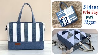 3 ideas denim tote bag with zipper from old jeans patchwork tutorial , sewing tote bag with zipper