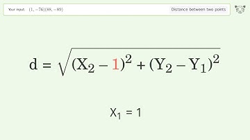 Find the distance between two points p1 (1,-76) and p2 (88,-89): Step-by-Step Video Solution
