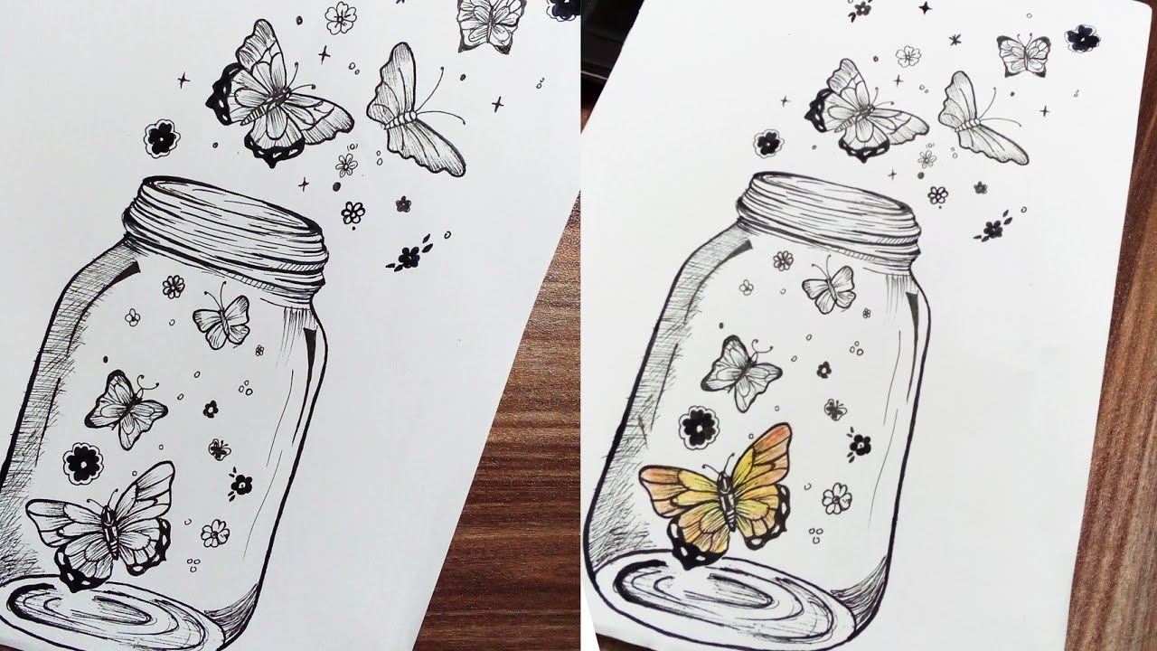 How to draw a jar with butterflies ~ Magical glowing butterflies jar ...