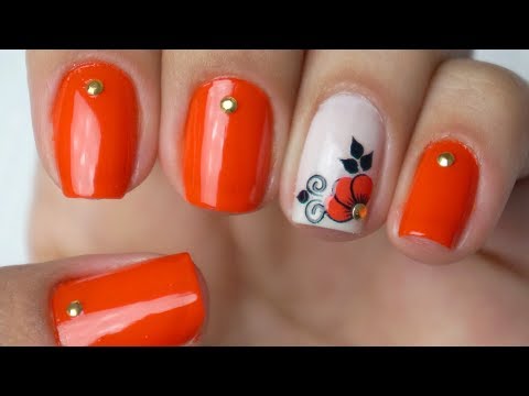 Unhas Laranja com Flor
