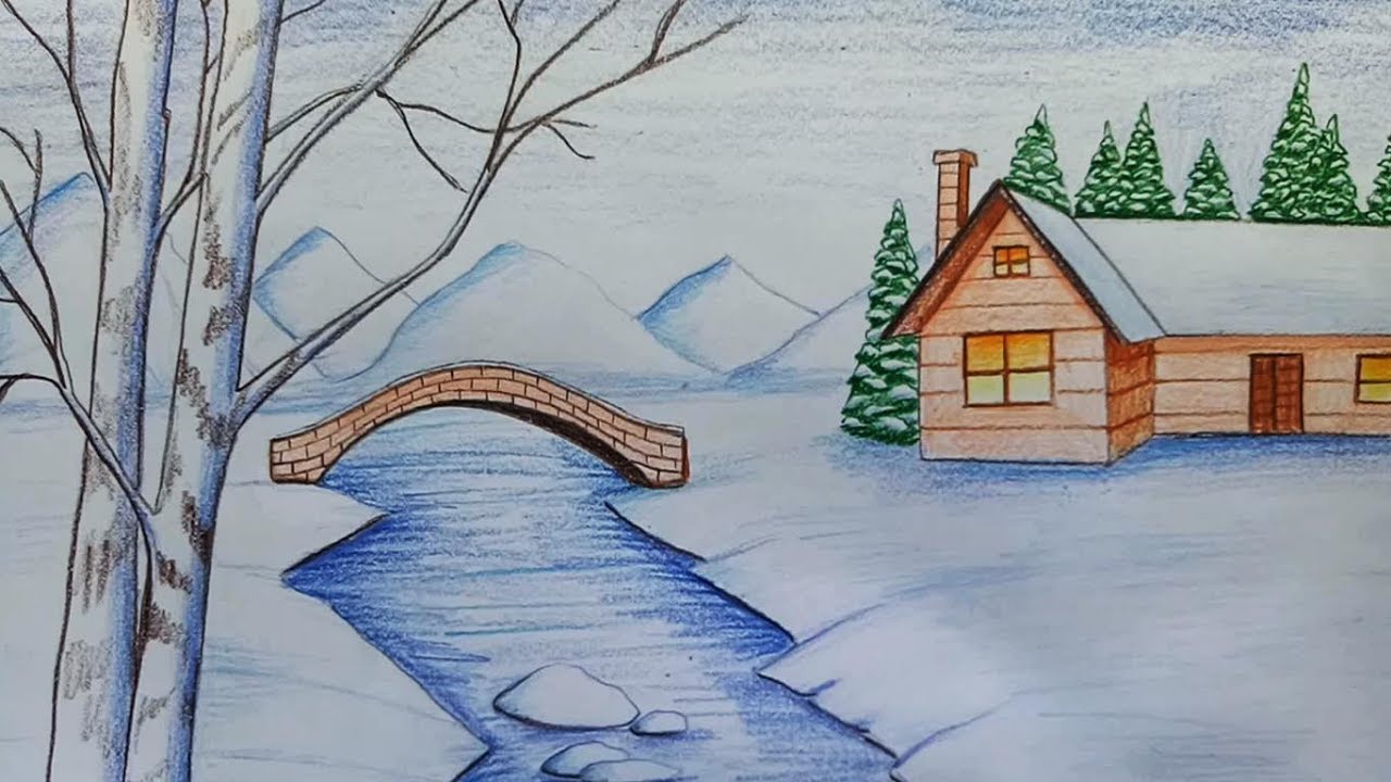 How To Draw Snowfall Scenery Step By Step Youtube