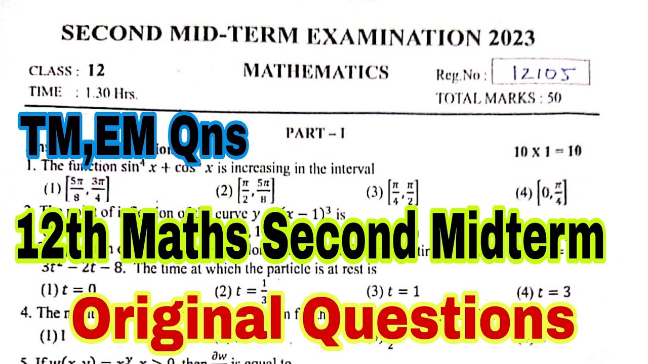 12th Maths Second Midterm Exam 2023 Original Question |12th Maths ...