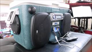 My DIY cooler boombox - behind the scene Part listing: 1. Kenwood KDC-MP225 head unit 2. Soundstream SPL60 component and SPL6X9G 3-way car speakers 3. ATX power