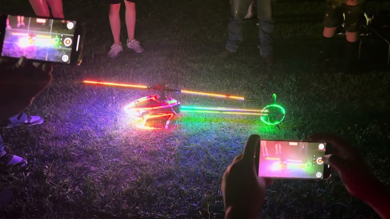 LED lit night RC helicopter at IRCHA Janboree 2025, Muncie, Indiana August 8, 2025