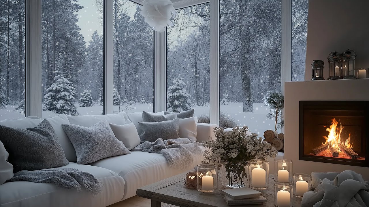 Gentle Snow, Soft Wind and Fireplace Sounds for Deep Sleep, Stress Relief and Modern Winter Calm
