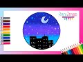 Cómo dibujar un PAISAJE DE CIUDAD DE NOCHE - paisajes fáciles Paso a paso