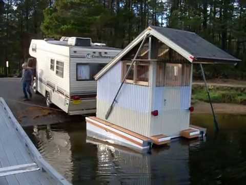micro mini house boat floating cabin craft - first launch