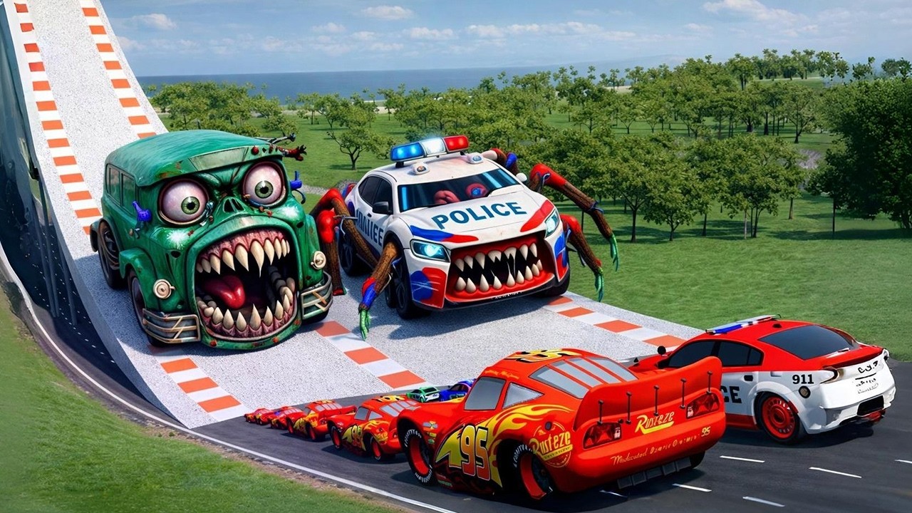 Big & Small McQueen & Police Car vs Zombie Mack & Mega Ramp  Downhill Race   BeamNG drive