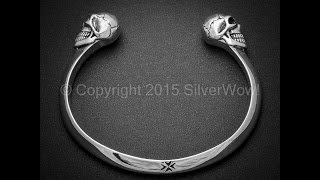 Skull Cuff Bangle - Mens Solid Silver Torc with Skull ends
