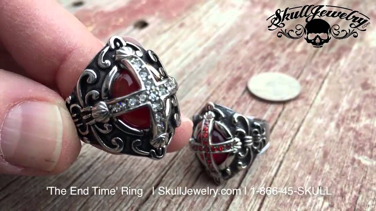 The End Time Cross Biker Rings With Blood Red Inner Zircon Stones Mens Vintage 