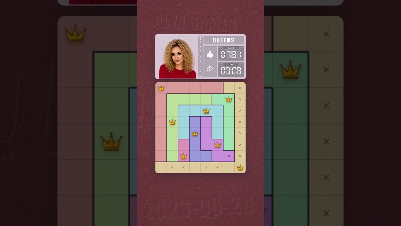 LinkedIn Queens #781 solved board for June 20, 2026, 8x8 grid