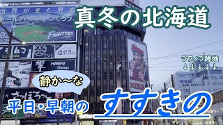 【静かな歓楽街】真冬の北海道 札幌市 夜の賑やかな雰囲気とは対照的な、平日・早朝の「すすきの」中島公園駅からオーバーリミット札幌まで 散策動画