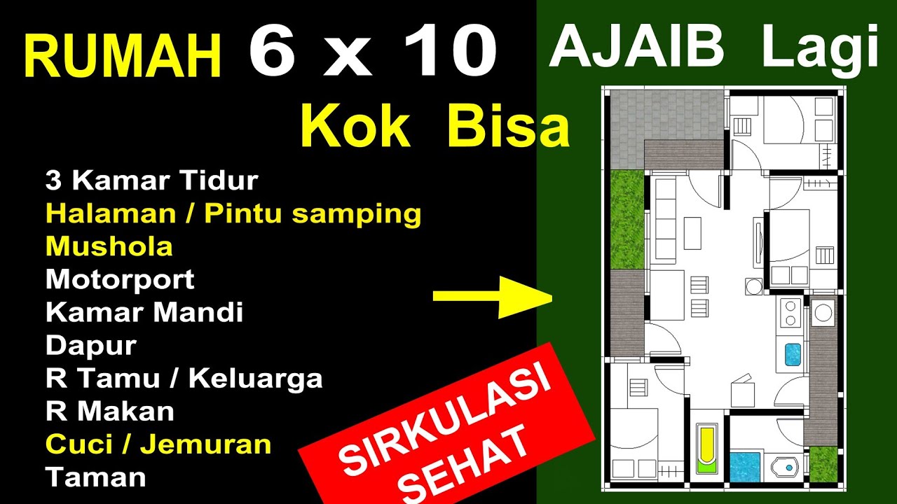 Rumah 6x10 bisa 3 Kamar Tidur, Mushola dan Halaman Samping - YouTube - Denah Rumah Ukuran 6x10 3 Kamar Tidur