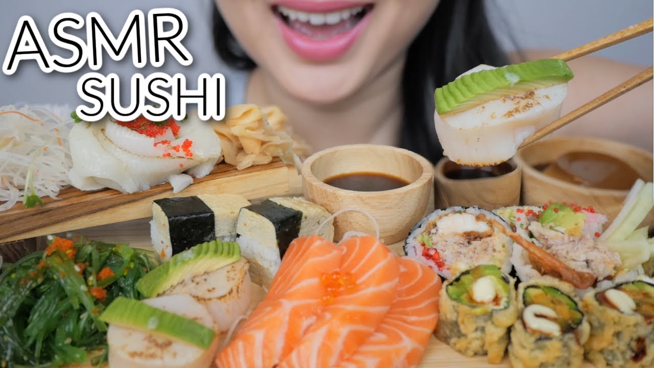 SUSHI ASMR *Engawa Sashimi, Salmon Sashimi, Spider Roll, Fried Avocado Roll with Scallop Avocado|NE