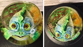 A Cute Magic Aquarium Fish Diorama. Polymer Clay, Epoxy Resin, Acrylic Paints