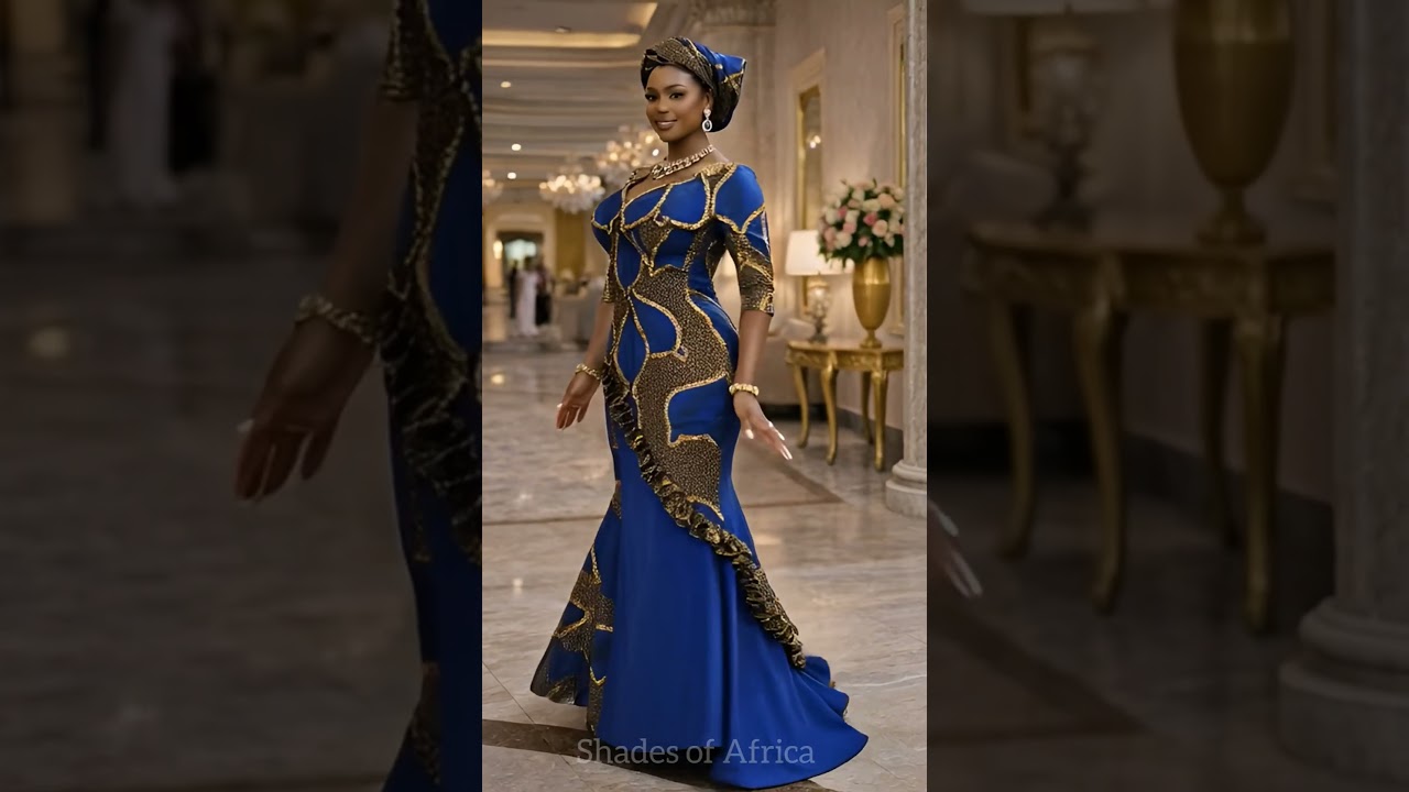 Elegant African Fashion Lookbook | Luxury Ankara Gown with Royal Blue & Gold Details 