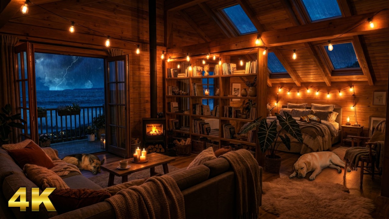 10 HOURS - Thunderstorm & Ocean Waves over a Cozy Cabin with Fireplace ...