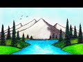 How to draw beautiful mountain lake  easy scenery drawing