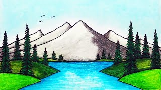 كيفية رسم بحيرة جبلية جميلة | رسم منظر طبيعي سهل