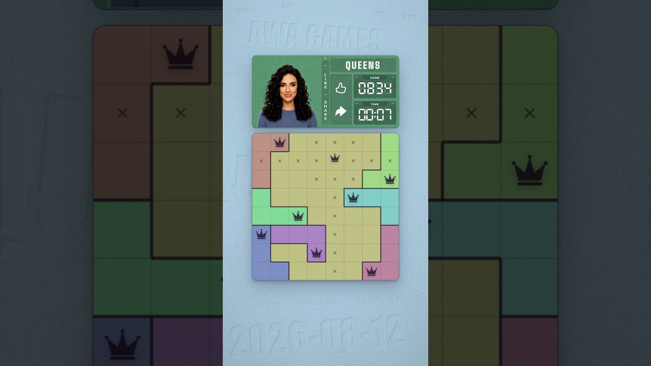 LinkedIn Queens #834 solved board for August 12, 2026, 8x8 grid