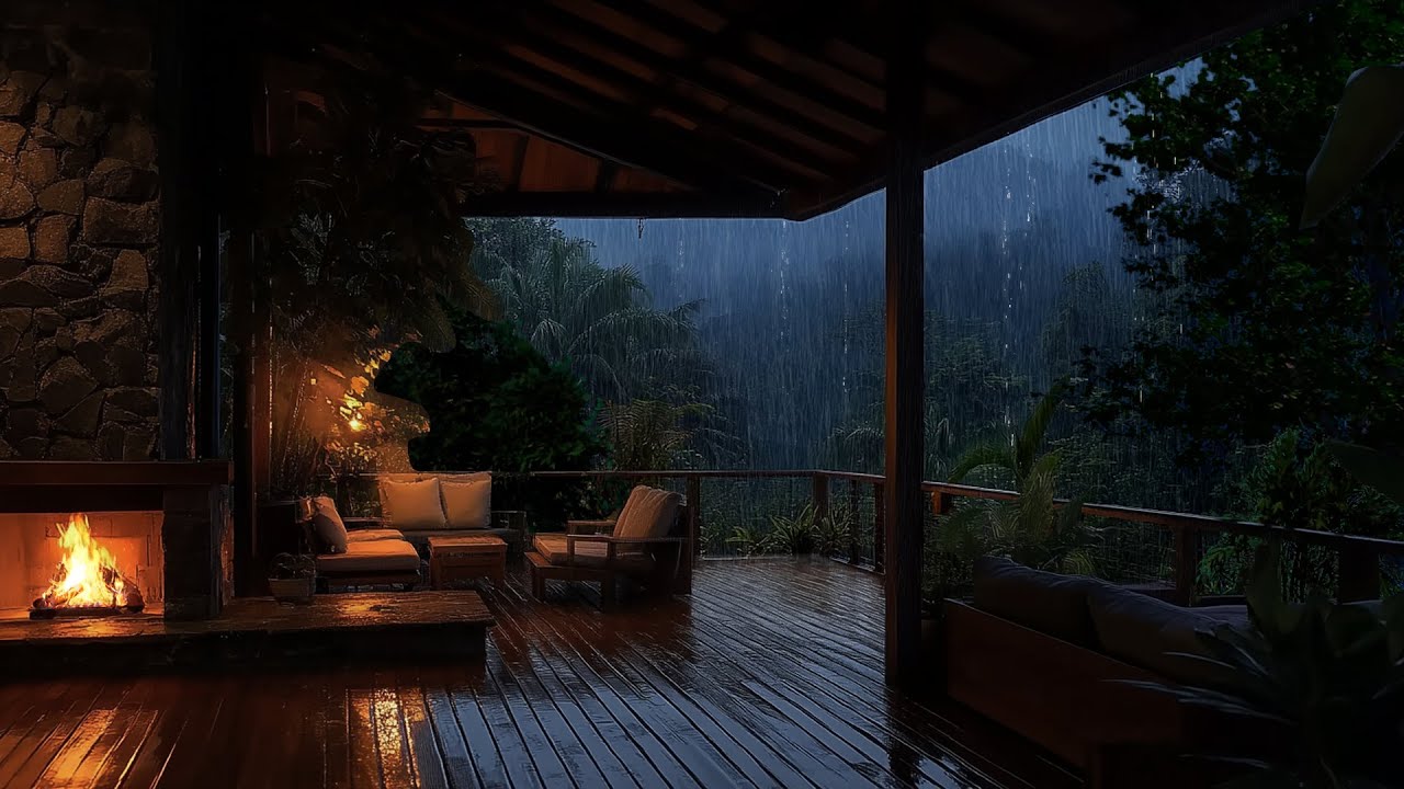 The Porch During a Storm: Heavy Rain and Cozy Fireplace Sounds for ...