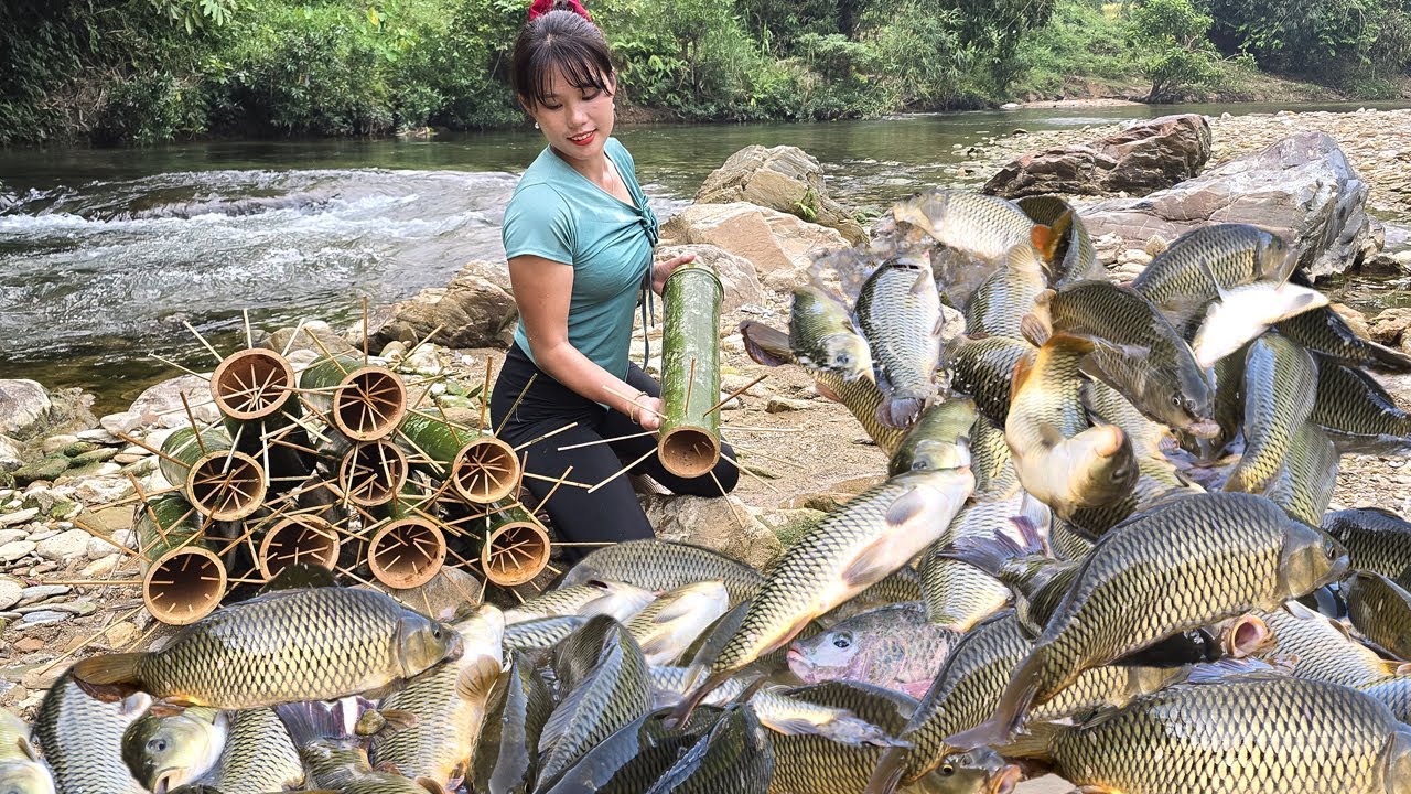 The Girl Caught A Lot of Fish Using A Simple Bamboo Trap | Em Tên Toan