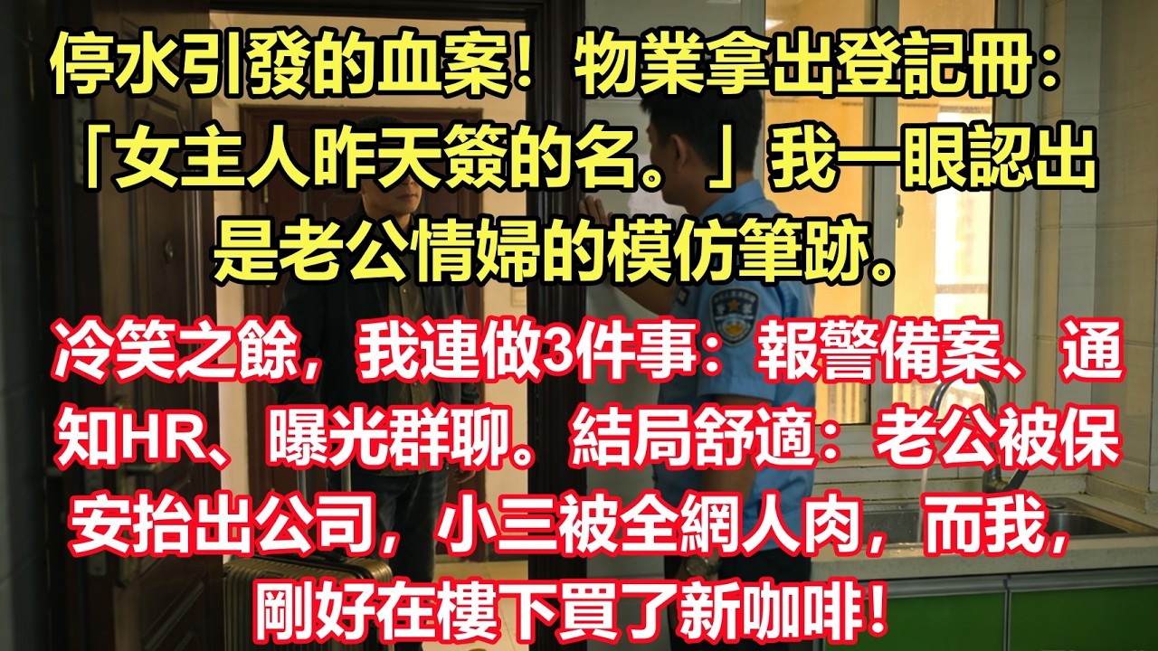 停水引發的血案！物業拿出登記冊：「女主人昨天簽的名。」我一眼認出是老公情婦的模仿筆跡。冷笑之餘，我連做3件事：報警備案、通知HR、曝光群聊。結局舒適：老公被保安抬出公司，小三被全網人肉.
