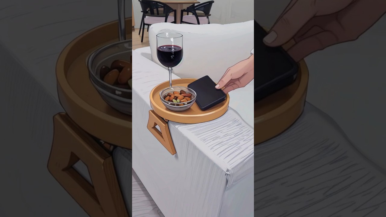 Portable tray for sofa arm. How to serve drinks on your sofa safely. Genius inventions