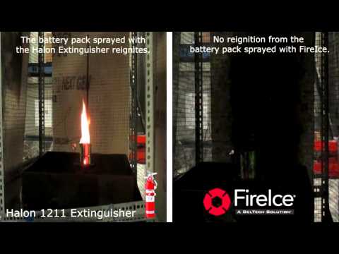 FireIce vs  Halon  Extinguishing and Preventing Re-Ignition of Lithium ion Battery Fires