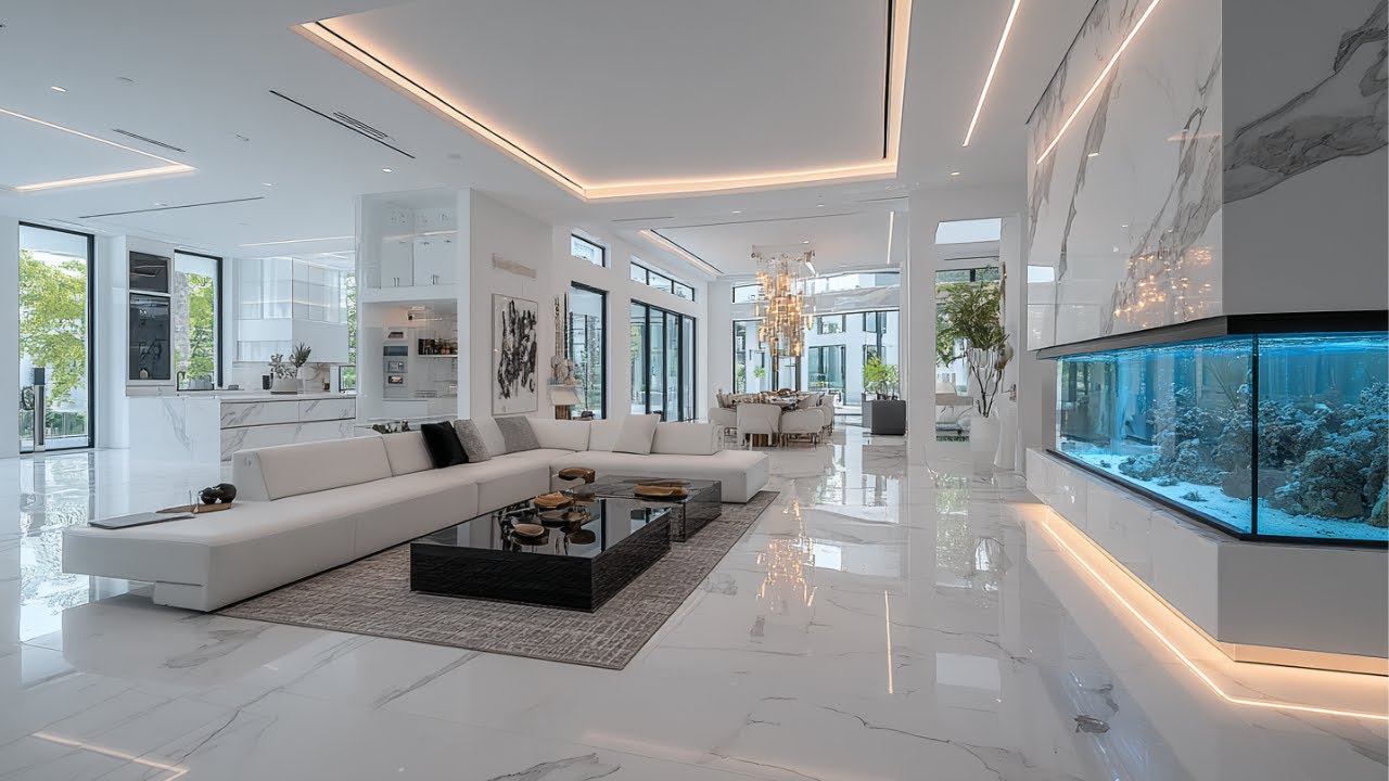 Потрясающий роскошный ультрасовременный мега-особняк с крутым и дорогим дизайном интерьера.