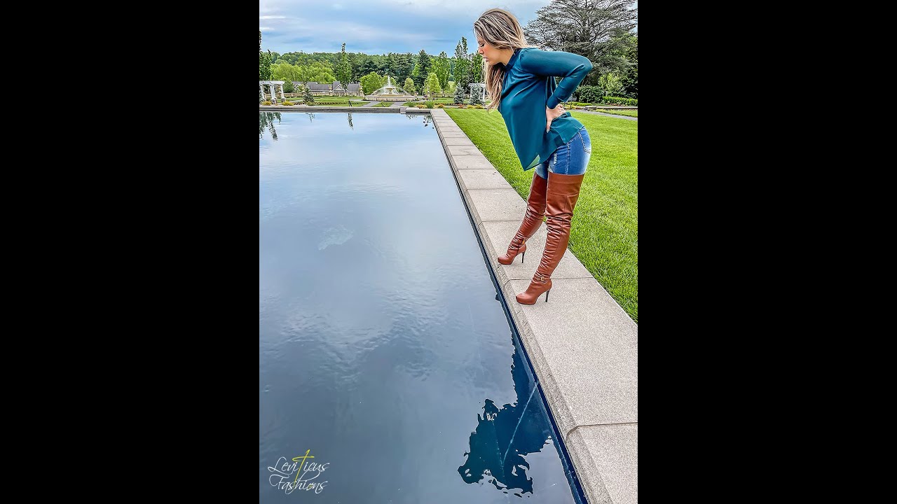 KRISTINA MODELS ZEAGOO SPRING FASHION GREEN WOMEN'S TOP WITH JEANS TIMBER BROWN LEATHER THIGH BOOTS