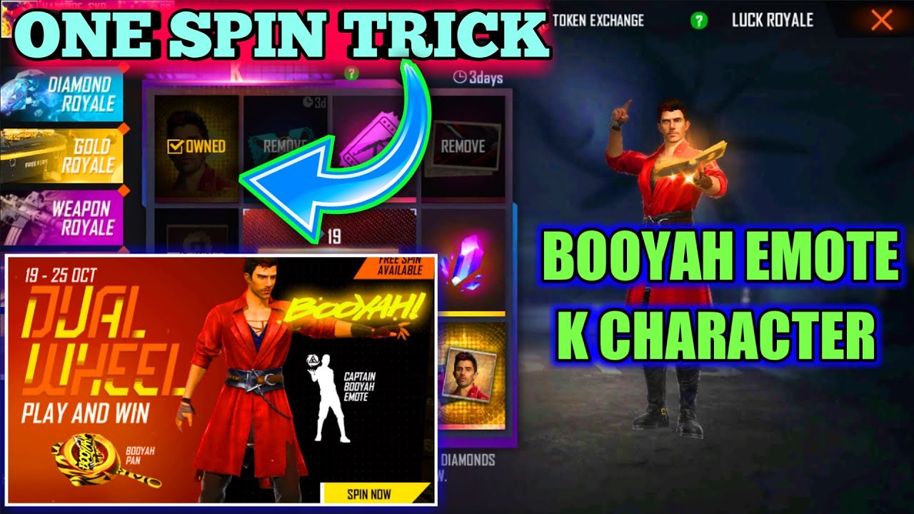 Free Fire K Character || One Spin Trick || Free Fire Captain Booyah Emote || Diamond Spin Trick
