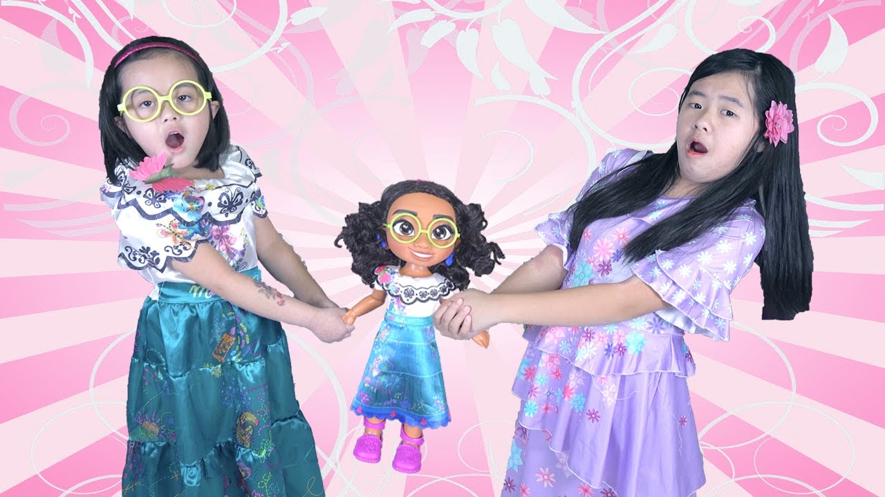 Kids play doll and transform into Disney Encanto Mirabel and Isabela