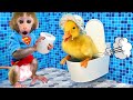 Monkey Baby Bon Bon Bathes with Duckling in the bathtub and eats watermelon ice cream with the puppy