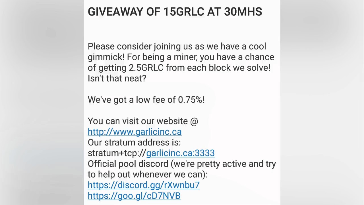 Garlicoin GRLC Pool - Garlic, Inc. ~ 2.5GRLC Giveaway every block! ~ 15GRLC Giveaway at 30 MHS