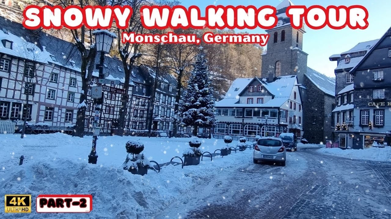 Snowy walking tour in Monschau village 4K- 2024 Winter tour in charming countryside, Germany |part-2
