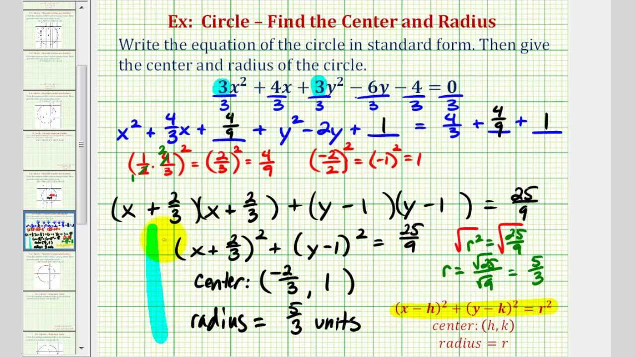 Ex 28: Write General Equation of a Circle in Standard Form (Coefficent Not 28  and Fractions)