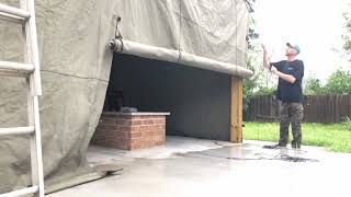 Roll up canvas tarps on patio