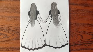 Best friends drawing| Girl best friends drawing | Girls drawing | Barbie dress drawing |