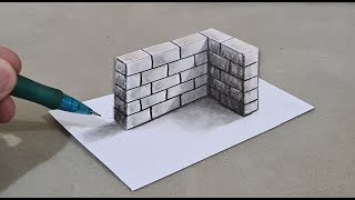 Gambar dinding 3d di atas kertas untuk pemula langkah demi langkah