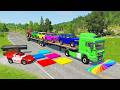 TRANSPORTING PIXAR CARS &amp; FRUITS WITH COLORED &amp; JOHN DEERE vs CLAAS vs TRACTORS - BeamNG.drive
