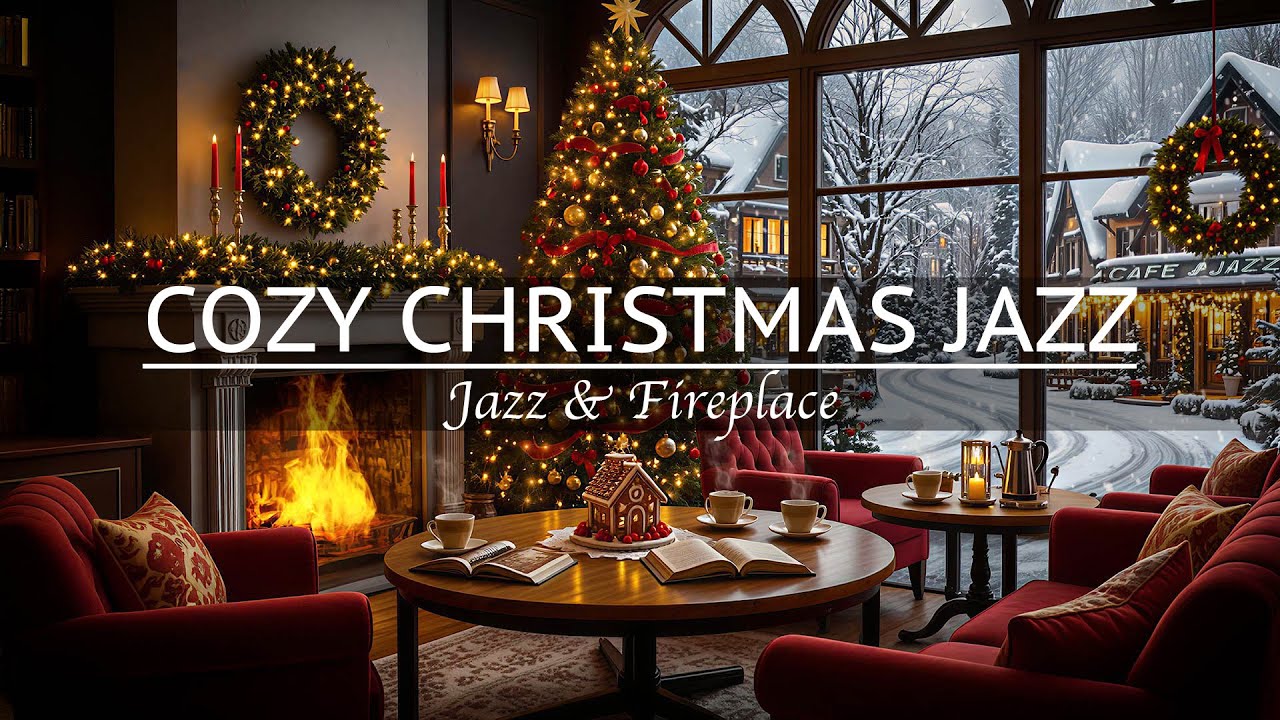 Christmas Jazz Cafe Ambience 🎄 Cozy Fireplace Crackling & Warm Holiday ...