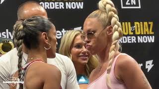 Amanda Serrano and Heather Hardy chirp back and forth during faceoff ahead of championship fight