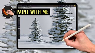 IPAD PAINTING TUTORIAL - Winter Snow Pine Tree art in Procreate screenshot 1