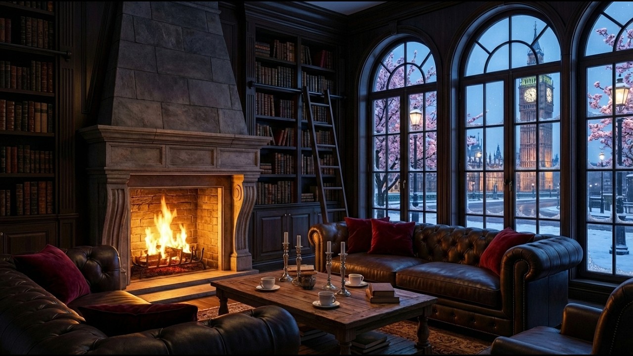 Peaceful Snowy Winter ❄️ Jazz Piano & Cozy Coffee Shop Fireplace Sounds for Study & Work